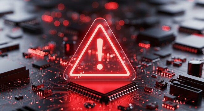 A glowing red warning sign on a computer chip, symbolizing cybersecurity threats, data breaches, and the importance of digital security measures in modern technology