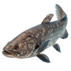 Fototapeta premium Prehistoric coelacanth fish swimming in deep ocean. This mysterious living fossil shows its ancient lobed fin with stoic look