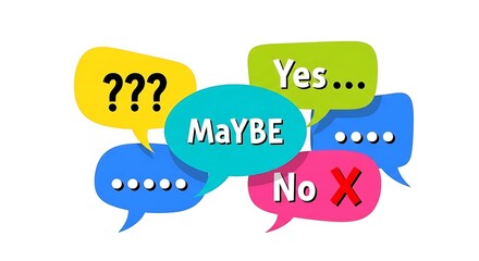 Multiple colorful speech bubbles showing options like maybe, yes, no, and question marks, isolated on white Background image