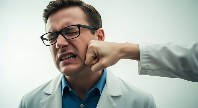 Man wearing glasses and lab coat receiving a punch to the face from another person in a white coat isolated on whiteBackground image