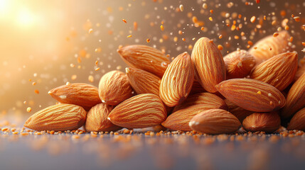 Fresh Almonds Piled on Surface with Light Sparkles in Background