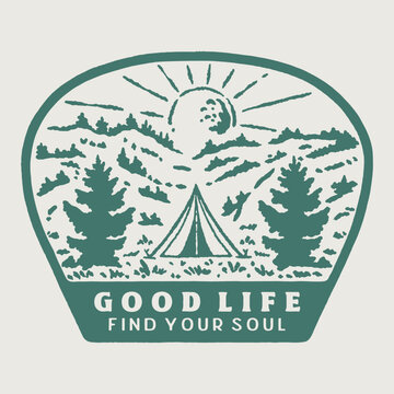 camping illustration forest graphic sun design nature badge outdoor vintage adventure patch