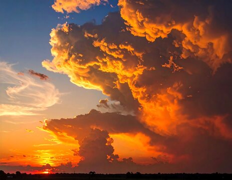 Dramatic sunset with towering, golden cumulonimbus clouds over a dark, silhouetted horizon - Powered by Adobe