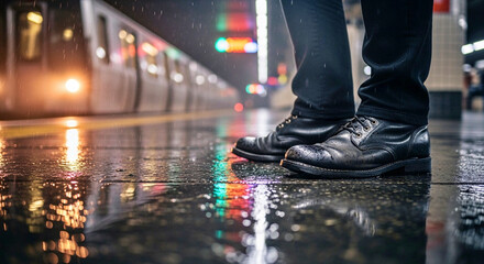 Close-up, low-angle shot of a person's feet in dress shoes standing on a wet subway platform with train lights reflecting on the shiny surface