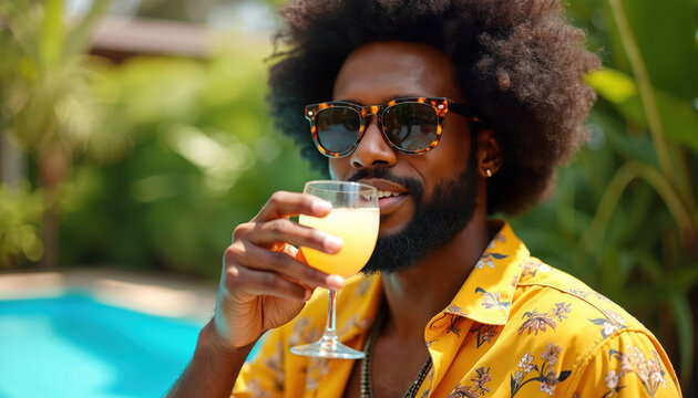 Young African American man drinks refreshing yellow cocktail from glass. Wears stylish sunglasses, bright patterned shirt, enjoying sunny weather outdoors. Relaxes happily by poolside, surrounded by