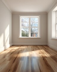 Fototapeta premium Minimal empty room warm timber floor smooth neutral wall natural window light perfect for product staging