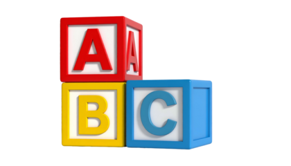 Three alphabet blocks stacked, displaying the letters A, B, and C, on a black background