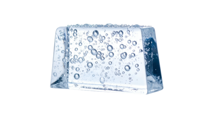 Transparent, rectangular ice cube against a black background, with visible air bubbles inside