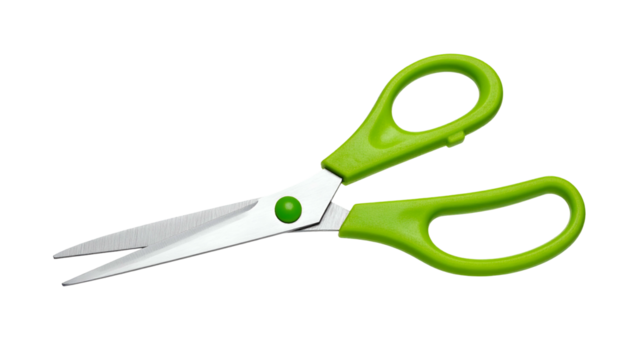 Open green-handled scissors with silver blades, isolated on a black background