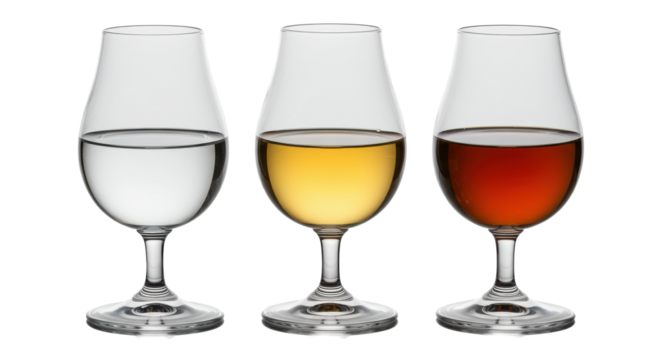 three identical, reflective crystal tulip glasses showcasing clear, straw, and amber liquids, highlighted by side-lighting on a transparent background. concept of premium spirit aging