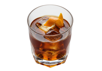 perfectly composed deep amber manhattan cocktail in a heavy crystal rocks glass with square artisanal ice and flamed orange zest on a brilliant white high-key background. concept for premium bar