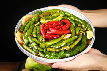 Traditional Chinese Pickled Green and Red Chili Peppers Meal