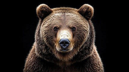 Fototapeta premium Brown bear portrait on black background, powerful wildlife close-up