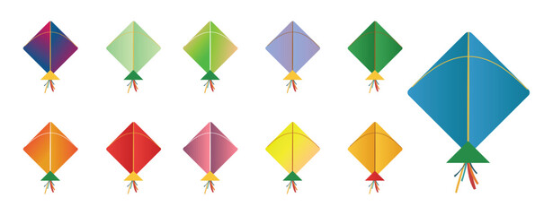 Collection of Colorful Diamond Shaped Kites with Tails for Makar Sankranti Basant Festival Celebration Vector Art Isolated on White Background