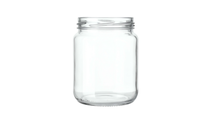 A clear, empty glass jar with a wide mouth, against a black background