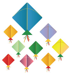 Colorful Assortment of Flat Design Kites for Makar Sankranti Basant Festival Celebration Isolated on White Background
