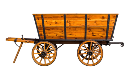 A detailed, side view of a wooden cart with spoked wheels against a black background