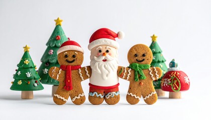 Cute Christmas gingerbread cookies and decorated trees on white background.