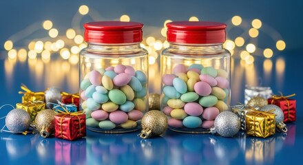 Two jars full of colorful candy for the holiday season