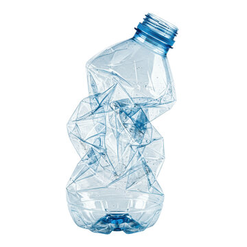 A severely crushed and dirty 500ml light blue pet plastic water bottle, detailed macro close-up against a transparent studio background, hard shadows, cinematic lighting, concept of plastic
