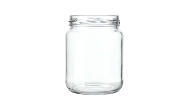 A clear, empty glass jar with a wide mouth, against a black background