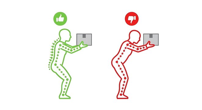 Illustration comparing correct and incorrect posture for lifting a box, showing safe back alignment versus dangerous bending, isolated on whiteBackground image