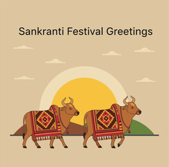 Happy Sankranti Festival Greetings Illustration Two Decorated Bulls Walking Against Sunrise Background for Harvest Celebration