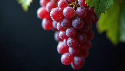 Naklejka premium Fresh red grapes hang from vine branch, covered in water droplets. Juicy berries look delicious, ripe, healthy. Vibrant green leaf adds natural feel. Organic fruit ready to eat, perfect harvest.