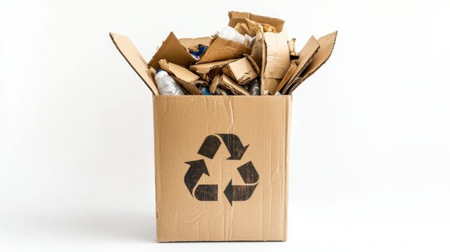 Recycling box filled with cardboard and paper waste at a clean workspace promoting sustainability practices