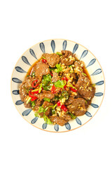 Chinese Cold Beef Dish with Corn and Fresh Cilantro Garnish