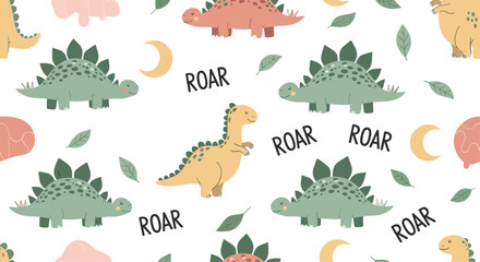 Playful seamless pattern featuring cute cartoon stegosaurus and brachiosaurus dinosaurs with "ROAR" text leaves and moons.
