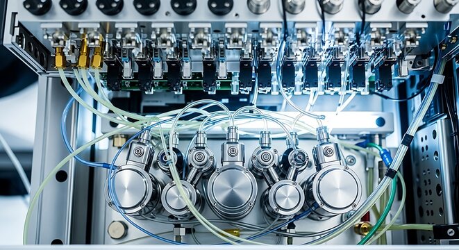 Closeup view of complex analytical laboratory equipment featuring intricate tubing and metallic valve components under bright light Background image - Powered by Adobe