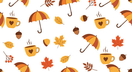 Fototapeta premium Delightful autumn seamless pattern design featuring cozy hot beverages umbrellas and colorful falling leaves and acorns on a crisp white background perfect for seasonal projects.