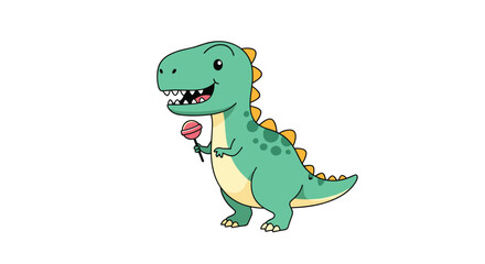 Naklejka premium Adorable cartoon illustration of a happy green T-rex dinosaur holding a sweet pink lollipop with a cheerful smile.