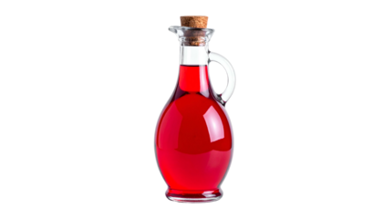 A curvy, clear glass cruet filled with a vibrant red liquid, topped with a cork stopper