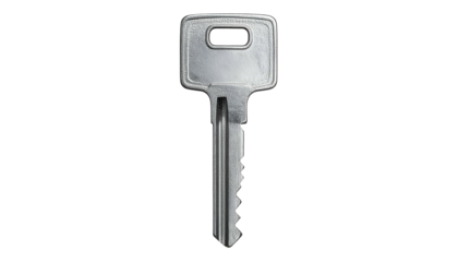 Close-up of a single silver key against a stark black background. A symbol of access