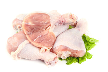 Fresh Raw Chicken Parts and Legs with Green Lettuce for Delicious Meals