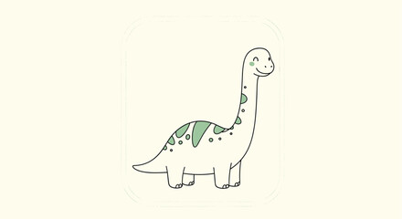 Fototapeta premium Adorable hand-drawn cartoon dinosaur with a long neck and playful spots smiling sweetly within a dotted rectangular frame on a soft light beige background.
