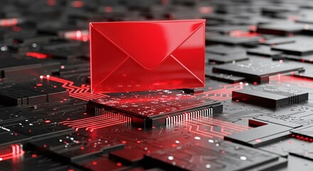 A red envelope sits atop a microchip, symbolizing electronic communication and the digital age, with a focus on secure data transfer