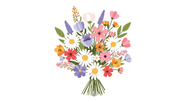 Beautiful vibrant bouquet of various colorful wildflowers and blossoms tied together with green stems on a clean white background evoking a fresh spring or summer feel.
