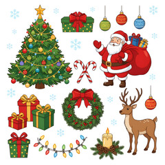 Christmas Holiday Collection with Santa, Tree, Reindeer, Gifts, and Festive Elements on Black Background