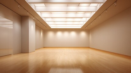 Fototapeta premium Modern minimal empty hall smooth timber floor soft neutral wall professional lighting