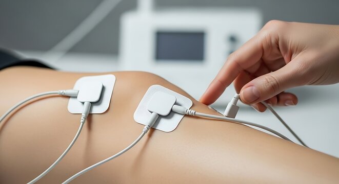 Physical therapist adjusting electrode pads on a patients knee during an electrical muscle stimulation therapy session Background image