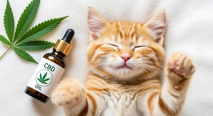 Relaxed orange tabby kitten sleeping peacefully next to a cbd oil dropper bottle and a cannabis leaf Background image