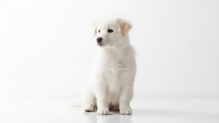 &ldquo;pure clean white puppy standing, soft studio lighting, gentle expressive eyes, fluffy fur, premium commercial pet stock photography&rdquo;

