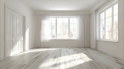 Fototapeta premium Clean daylight hall interior blank wall warm laminate flooring fresh brightness