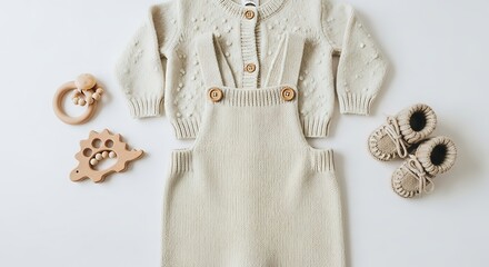 Cozy knitted baby romper set with wooden teething toys and booties laid out flat on a whiteBackground image