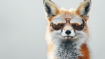 Obraz premium Fox wearing sunglasses poses for the camera in a playful and charming manner against a light background