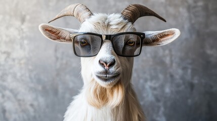 Goat wearing glasses poses playfully against a simple gray background for a humorous and lighthearted scene