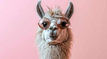 Naklejka premium Playful llama wearing sunglasses in front of a pink background smiles for the camera at a fun photo session